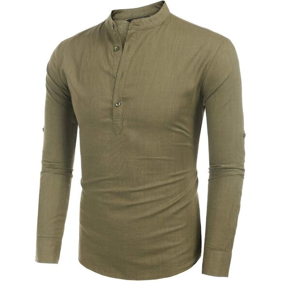 Men's Green Cotton Linen Henley Shirt Long Sleeve Hippie Casual Beach T Shirts - Picture 2 of 9